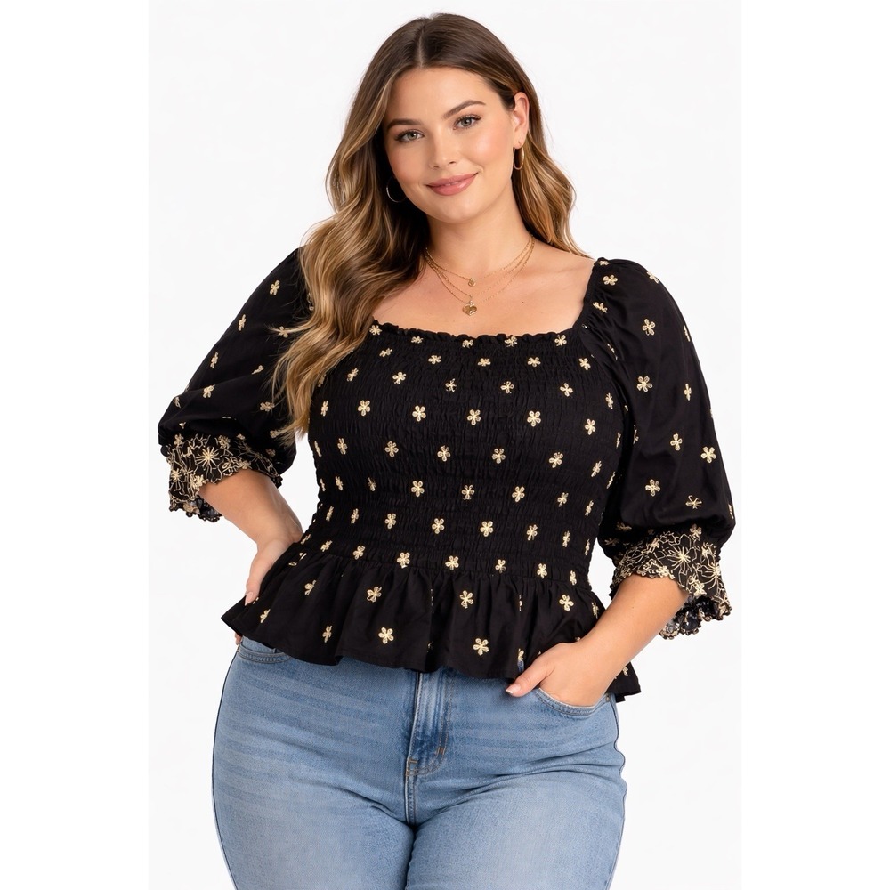 Edgely Black Embroidered Floral Smocked Peplum Puff Sleeve Blouse Top XXL Cotton